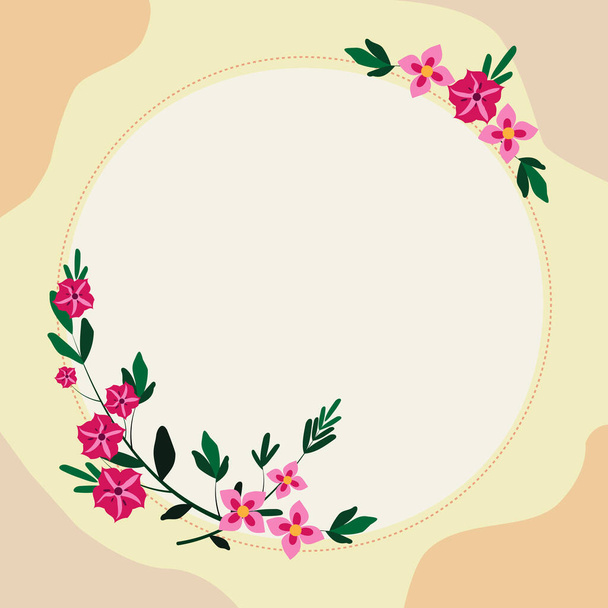 Blank Frame Decorated With Colorful Flowers And Foliage Arranged Harmoniously. Empty Poster Border Surrounded By Multicolored Bouquet Organized Pleasantly. - ベクター画像