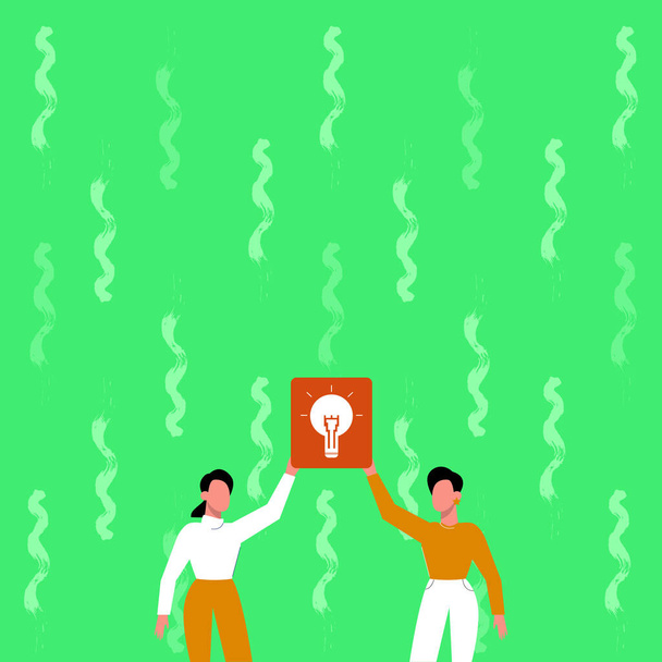 Two Colleagues Holding Lamp Presenting New Achievement Reached. Partners Raising Up Light Bulb Showing New Idea Discovered Sharing Discovery. - ベクター画像