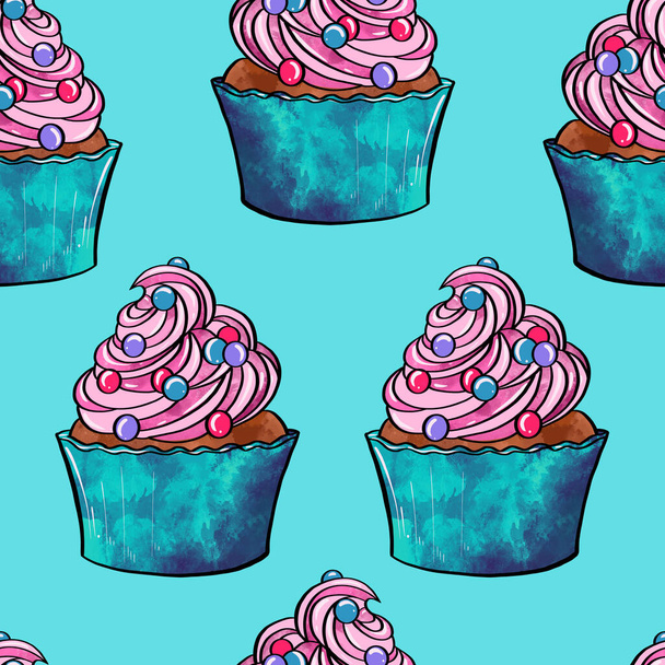 Seamless raster pattern of cupcakes with blue base and pink lilac cream berry fillings on blue background - Фото, изображение
