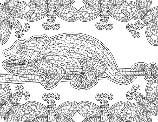 Chameleon Line Drawing Surreounded With Butterfly Frame For Detailed Colouring Book - Вектор,изображение