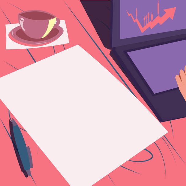 Laptop Resting On A Table Beside Coffee Mug And Plain Sheet Showing Work Process. Minicomputer Sitted Top Of Desk Next To Cup Along With Paper Displaying Remote Job Projects. - Vector, Image