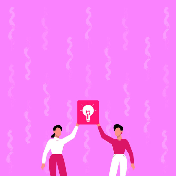 Two Colleagues Holding Lamp Presenting New Achievement Reached. Partners Raising Up Light Bulb Showing New Idea Discovered Sharing Discovery. - Vector, Image