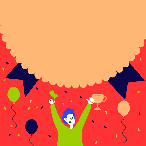 Man Holding Trophy Celebrating Performance Surrounded With Balloons. Happy Person Carrying Flag Achieving Victory Under Large Confetti Spilling Medal . - Vector, Image
