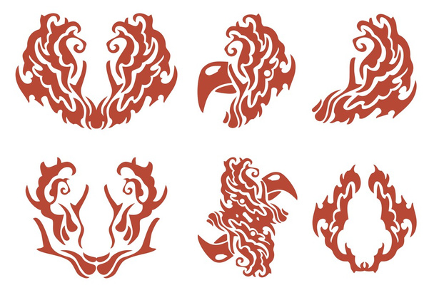 Flaming decorative symbols: rooster and others - Vector, Image
