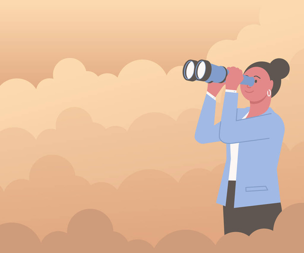 Mujer rodeada de nubes mirando a través del telescopio de mano viendo nuevas oportunidades. Lady al aire libre usando prismáticos observando las aspiraciones Objetivos futuros. - Vector, imagen