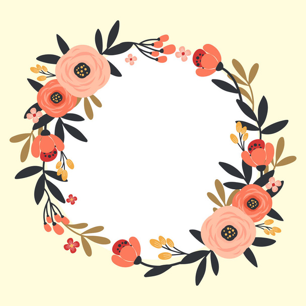 Blank Frame Decorated With Colorful Flowers And Foliage Arranged Harmoniously. Empty Poster Border Surrounded By Multicolored Bouquet Organized Pleasantly. - Vector, Imagen