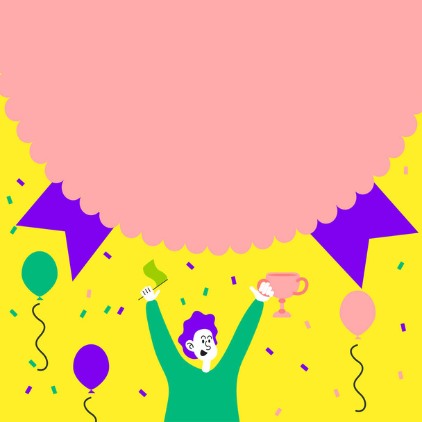 Man Holding Trophy Celebrating Performance Surrounded With Balloons. Happy Person Carrying Flag Achieving Victory Under Large Confetti Spilling Medal . - Vector, Image