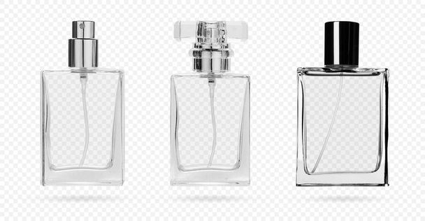 bottiglia di profumo. bottiglia di vetro per profumo e profumeria .Vector illustrazione realistica 3d mockup - Vettoriali, immagini