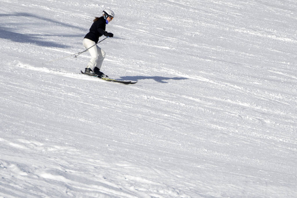 stilish skier skiing in dolomites badia valley snowy mountains  - Photo, image