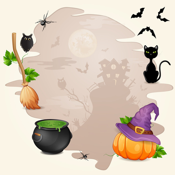 Ilustración de Halloween con gato, murciélagos y castillo
 - Vector, Imagen