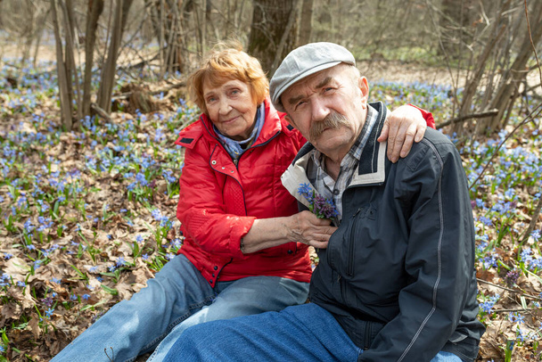 elderly spouses relax sitting on ground in spring forest or park among blooming snowdrops - Foto, Bild