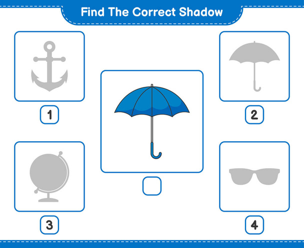 Знайдіть правильну тінь. Знайди і знайди відповідну тінь парасольок. Навчальна дитяча гра, друкований робочий аркуш, векторна ілюстрація - Вектор, зображення