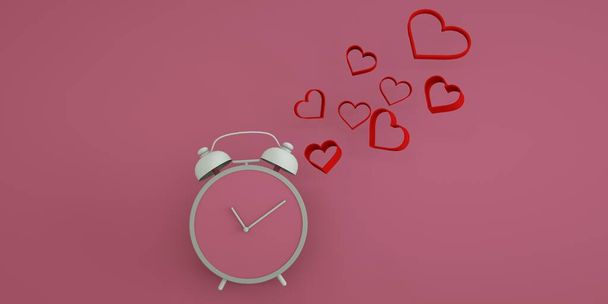 Pink alarm clock with red hearts on pink background paper style 3d render - Foto, Imagem
