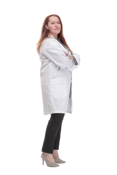 mature female doctor with stethoscope . isolated on a white background. - Photo, image