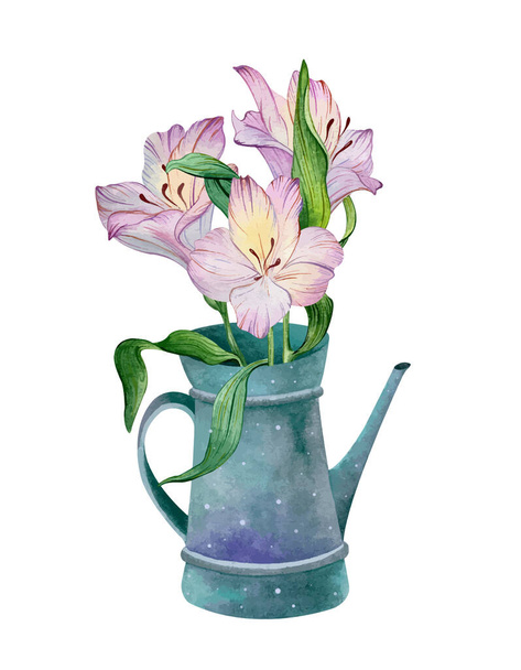 Watercolor vintage watering can with a beautiful bouquet of fresh flowers. Purple alstroemeria - Vector, Image