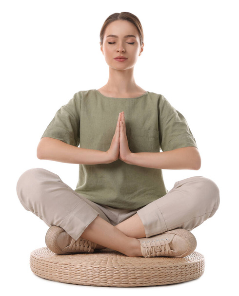 Beautiful young woman meditating on white background - Fotoğraf, Görsel
