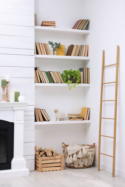 Collection of books and decor elements on shelves indoors. Interior design - Valokuva, kuva