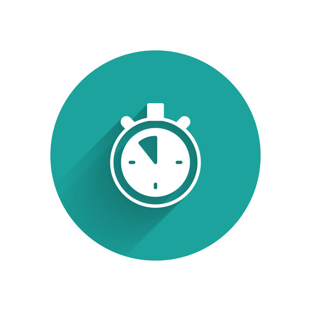 White Stopwatch icon isolated with long shadow. Time timer sign. Chronometer sign. Green circle button. Vector - Вектор,изображение
