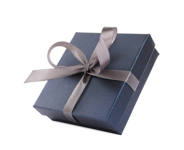 Dark gift box with ribbon and bow on white background - Fotó, kép
