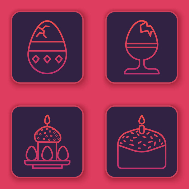Set line Cracked egg, Easter cake and eggs, Chicken egg on a stand and Easter cake and candle. Blue square button. Vector - Vettoriali, immagini