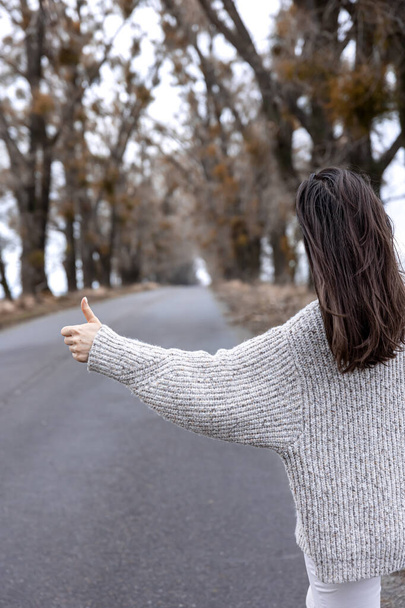 Young woman on asphalt road, hitchhiking concept. - Foto, Imagem
