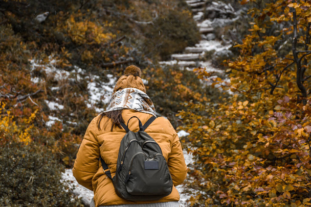 woman hiker in snowy mountains - Фото, изображение