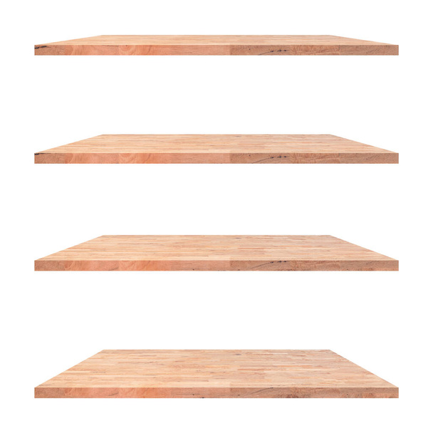 4 oude houten planken tafel geïsoleerd op witte achtergrond en display montage voor product. - Foto, afbeelding