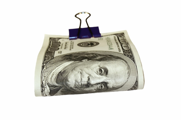 Pack $100 dollar bills and paper clip isolate on white background - Fotoğraf, Görsel