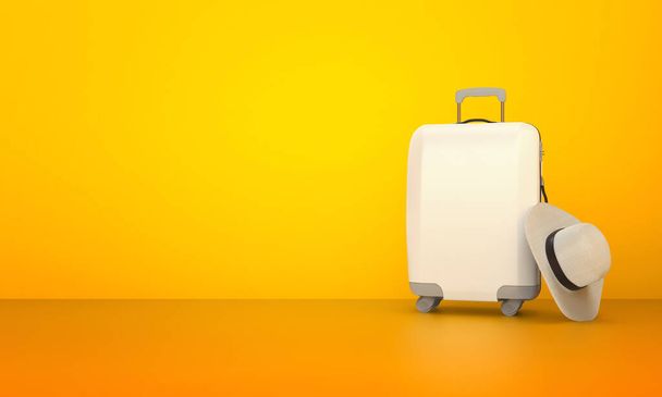 Suitcase with hat on orange background. travel layout, 3d rendering - Photo, Image