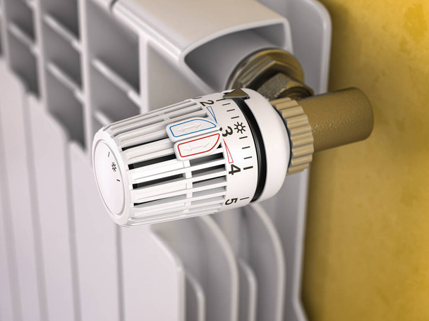 Thermostatic radiator valve close up. Temperature control and consumption saving. 3d illustration - Foto, afbeelding