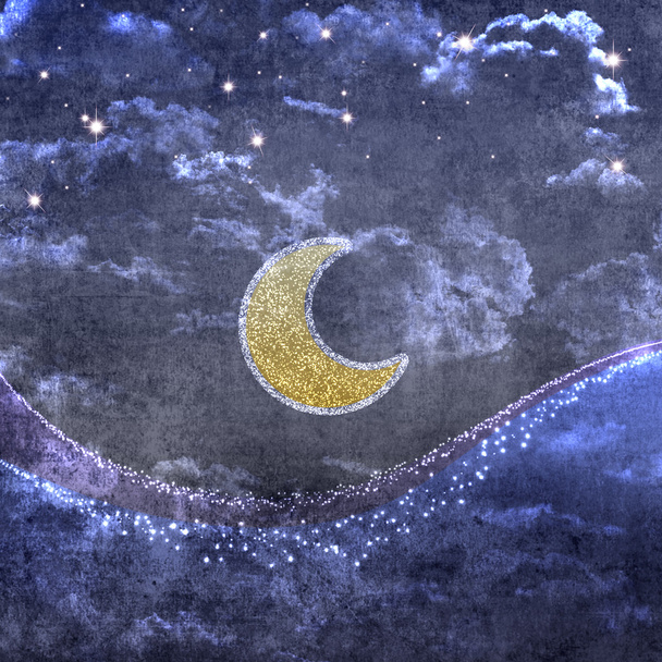 Стиль мультфільму нічне небо з місяцем, хмарами та зірками
 - Фото, зображення