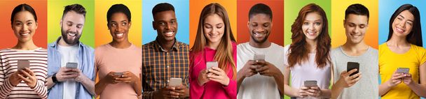 Retratos de personas multiétnicas felices con teléfonos inteligentes posando sobre fondos coloridos - Foto, Imagen