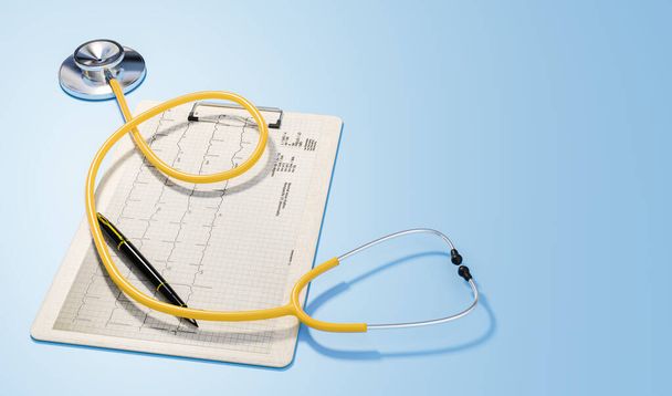 3d stethoscope on EKG chart, 3d illustration rendering - Foto, Bild