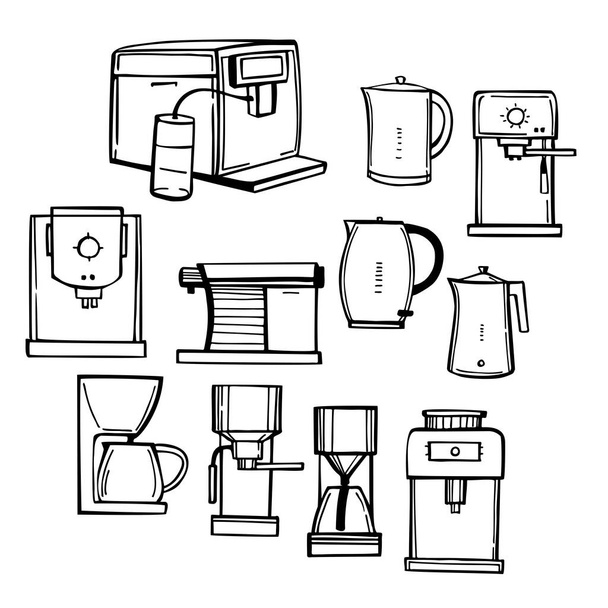 Hand-drawn kitchen appliances set. Coffee machines and kettles. Vector sketch illustration. - Vettoriali, immagini