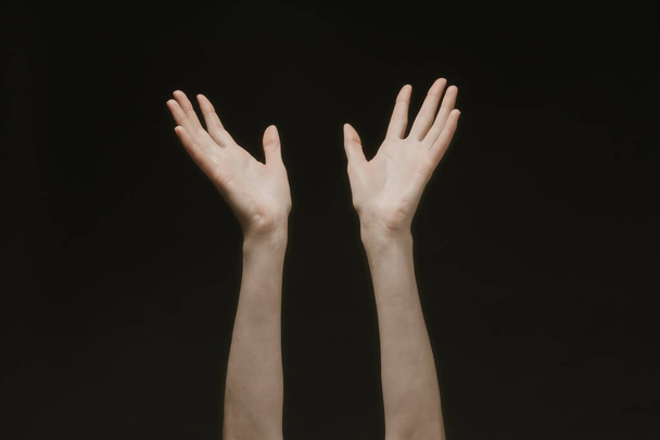 Praying hands to God in the dark. Woman hands reaching out to God or for help in barokko style - Photo, image