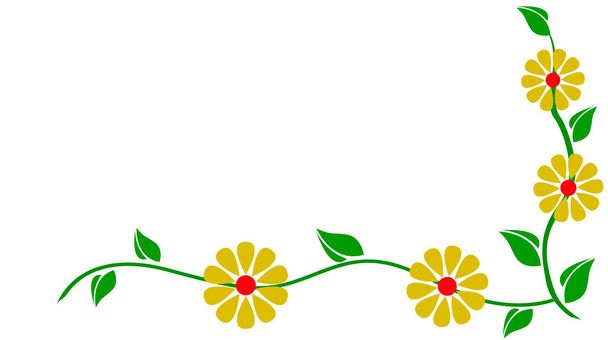 Floral Border design concept of green leaves with branch and yellow red flowers isolated on white background - Διάνυσμα, εικόνα