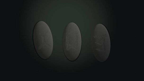 Three scandinavian oval runas in stones predicting fate placed over green background with mysterious lightning - Fotoğraf, Görsel