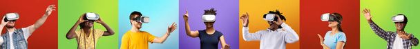 Εικονική πραγματικότητα. Κολάζ χιλιετιών σε ακουστικά VR που βιώνουν την επαυξημένη πραγματικότητα σε διάφορα χρωματιστά υπόβαθρα - Φωτογραφία, εικόνα