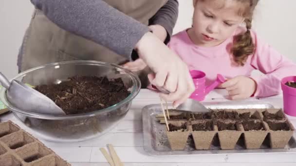 小さな容器にハーブの種を植えるのを手伝っている少女ホームスクールプロジェクトのために. - 映像、動画
