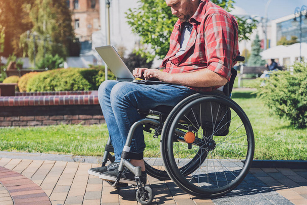 Freelancer com deficiência física que usa cadeira de rodas trabalhando no parque - Foto, Imagem