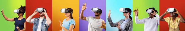 Набір тисячоліть у гарнітурах VR, які відчувають доповнену реальність на різних барвистих фонах, панорама
 - Фото, зображення