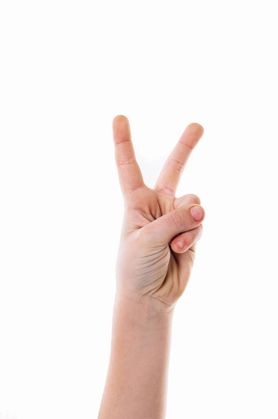 isolated child hand shows the number two. Hand of caucasian young man showing fingers over isolated white background counting number 2 showing two fingers, gesturing victory and winner symbol - Фото, изображение