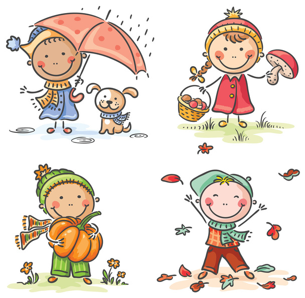 小さな子供たちの秋の活動 - ベクター画像