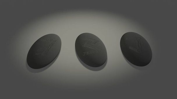 Three scandinavian oval runes made of stone devination, placed over white background with mysterious lightning - Photo, Image