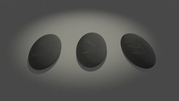 Tres runas ovales escandinavas hechas de devinación de piedra, colocadas sobre fondo blanco con un misterioso rayo - Foto, imagen