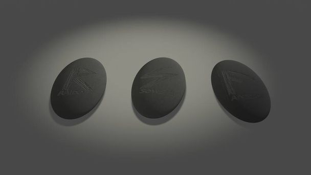 Three scandinavian oval runes made of stone devination, placed over white background with mysterious lightning - Foto, afbeelding