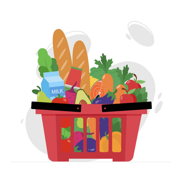 Red shopping basket with fresh foodstuffs. Organic food and drinks purchases in grocery supermarket from local producers. Vector illustration in flat style. Healthy organic foods delivery concept. - Vector, Image