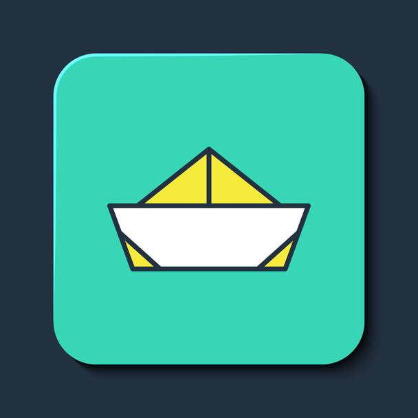 Gefüllte Umrisse Gefaltetes Papierboot-Symbol isoliert auf blauem Hintergrund. Origami Papierschiff. Türkis-quadratischer Knopf. Vektor - Vektor, Bild