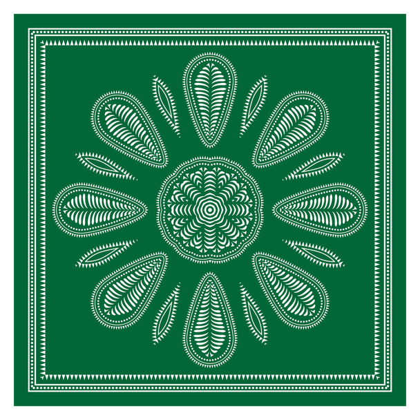 Grüner Bandana Schal, Tischtuchdruck, Seidenhalstuch, Kopftuchdesign, Ornament Paisley, quadratische Muster. - Vektor, Bild