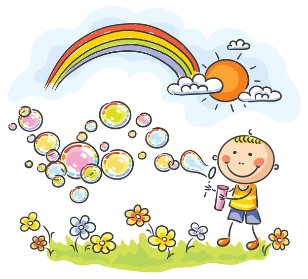 Criança soprando bolhas de sabão
 - Vetor, Imagem